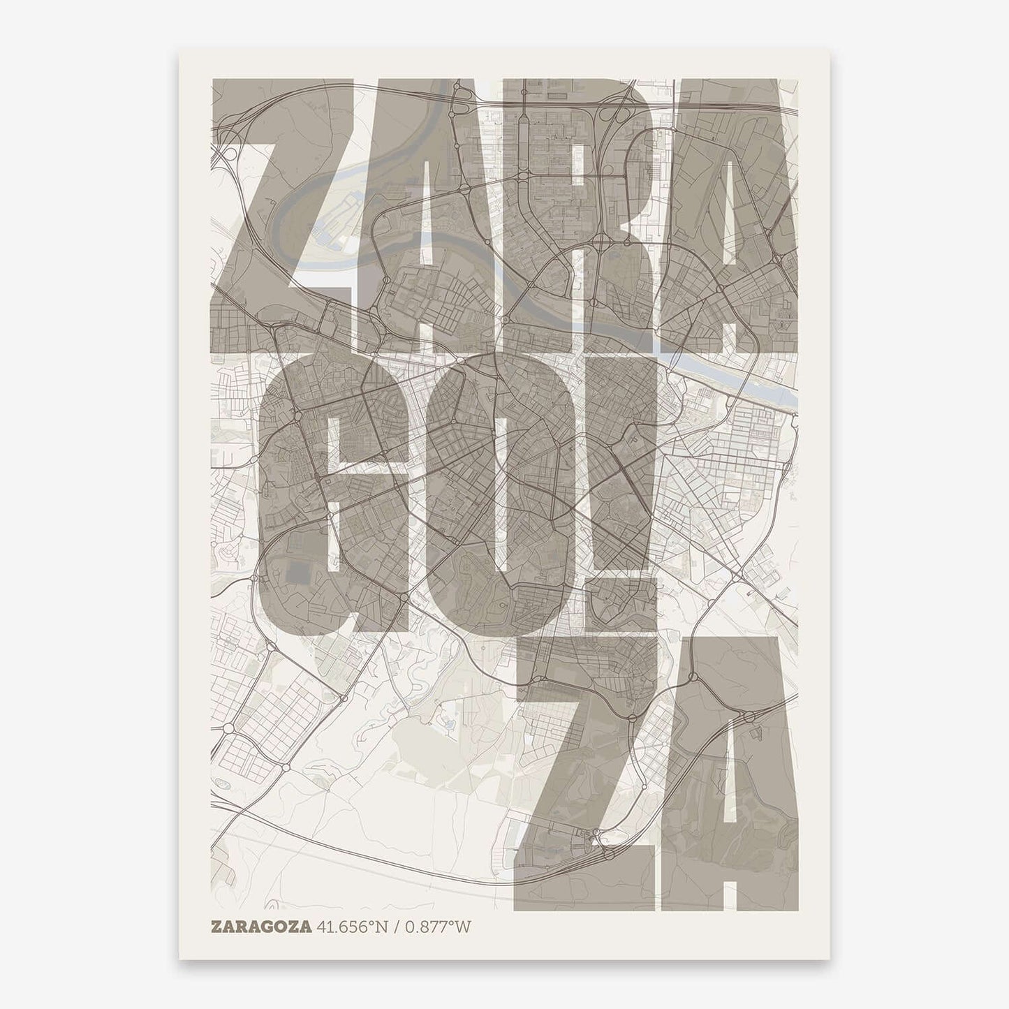 The map of Zaragoza with letters of its name placed randomly, designed in light brown and an off-white background