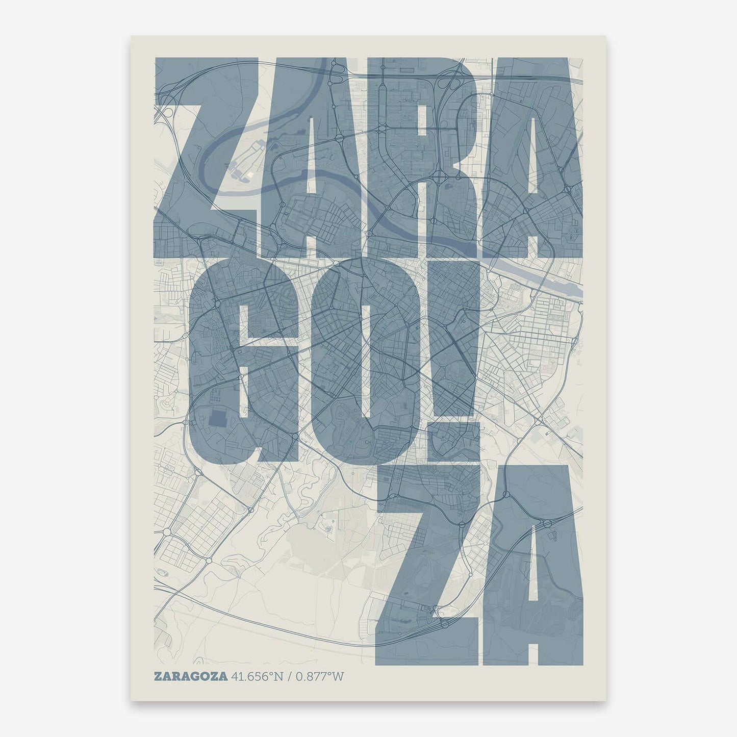 The map of Zaragoza with letters of its name placed randomly, designed in bluish gray and an off-white background