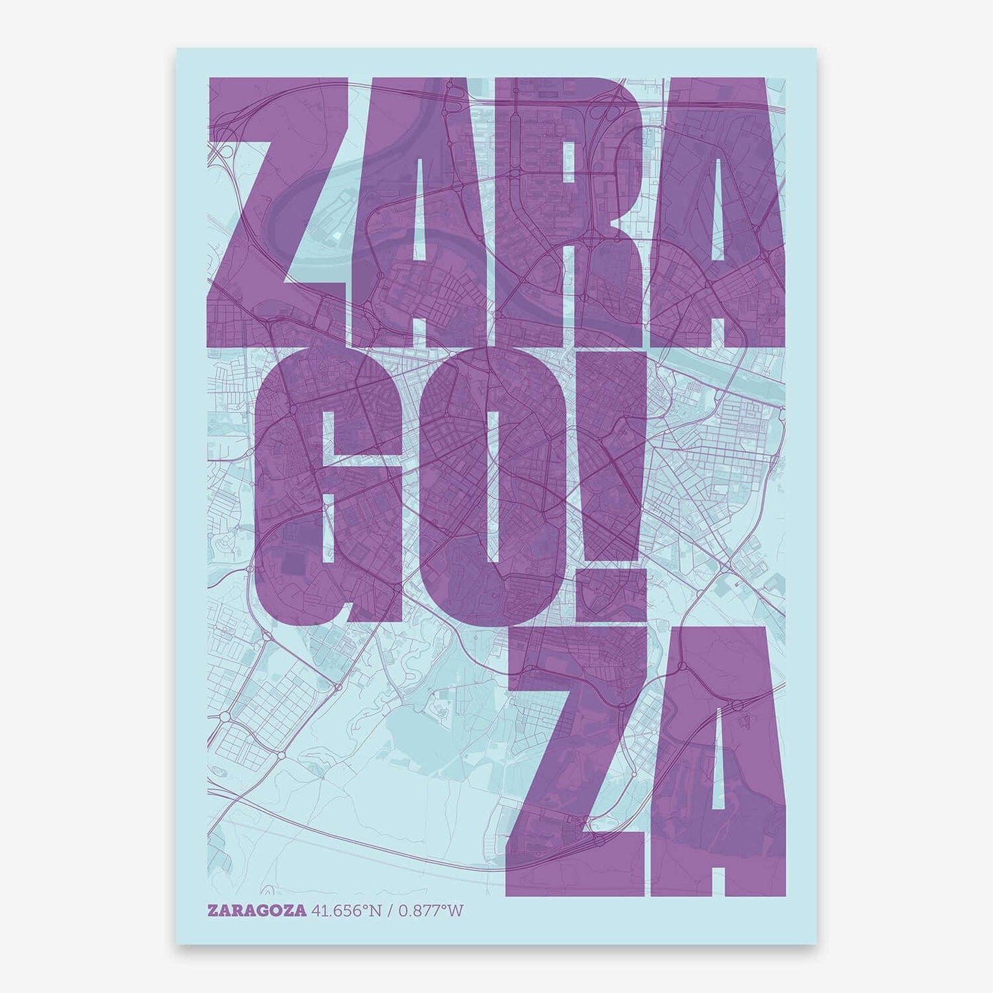 The map of Zaragoza with letters of its name placed randomly, designed in purple and light blue