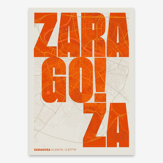 The map of Zaragoza with letters of its name placed randomly, designed in orange and an off-white background