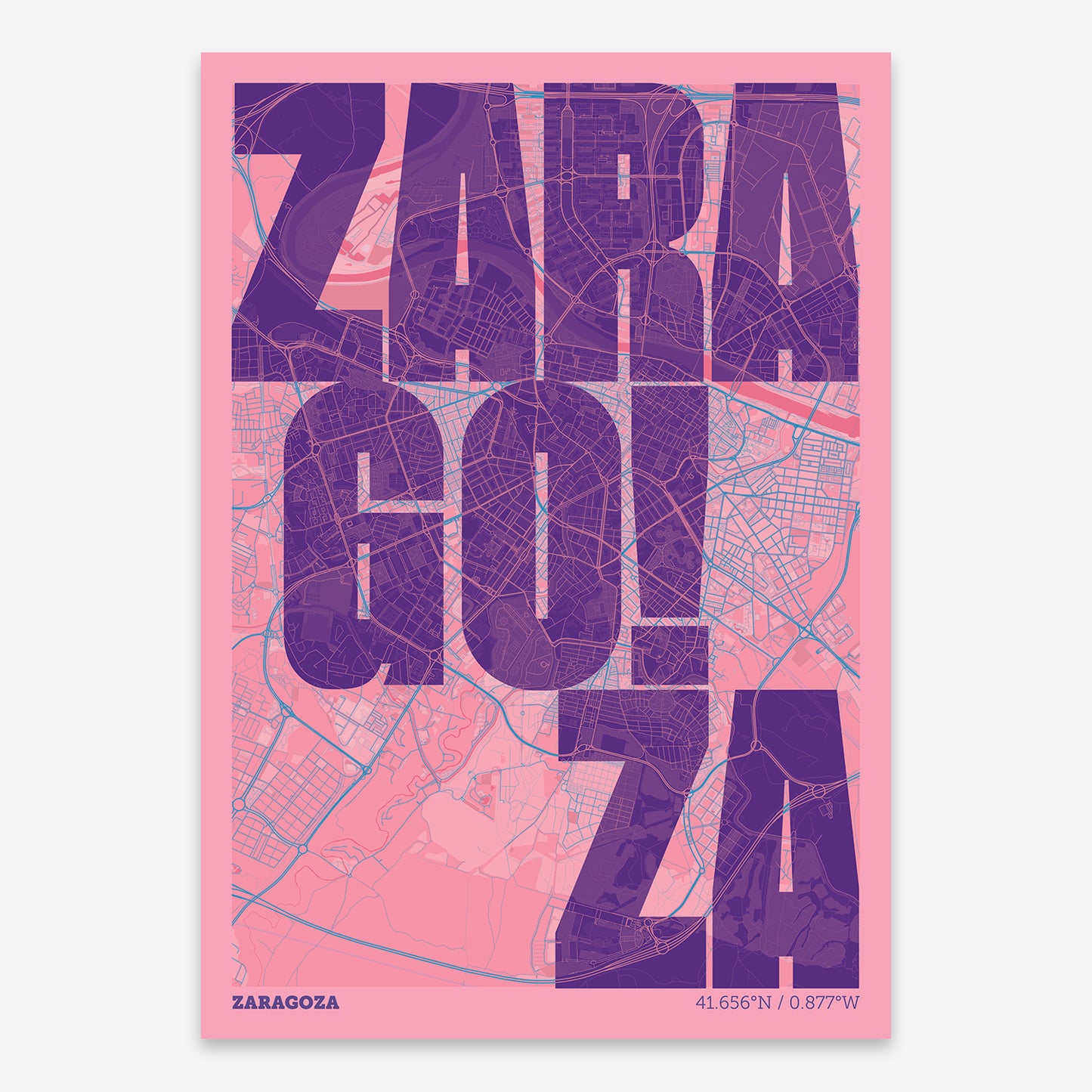 The map of Zaragoza with letters of its name placed randomly, designed in violet y pink background