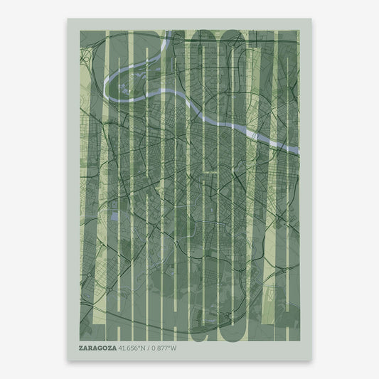 The map of Zaragoza and letters of its name in a giclée print designed in two green tones