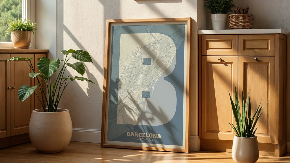 Obra maestra de Barcelona: fusión de cartografía técnica y tipografía audaz en lámina de 70x100.