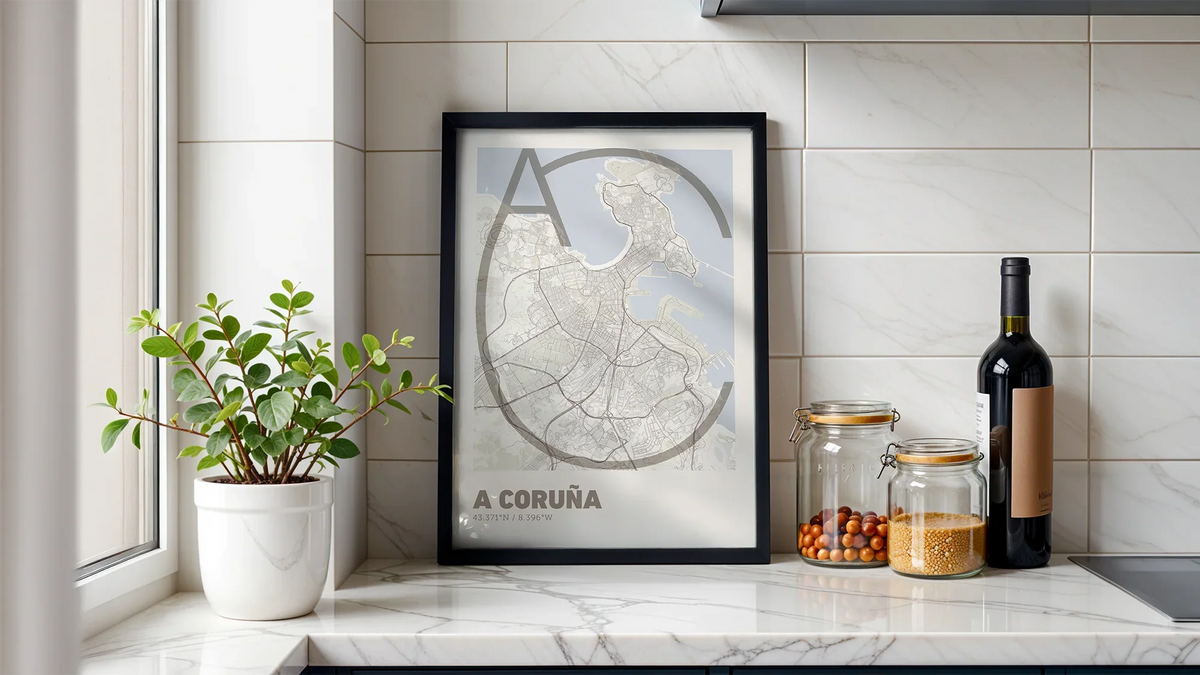 Composición cartográfica de A Coruña: obra de autor con estética editorial para decoración de interiores moderna.