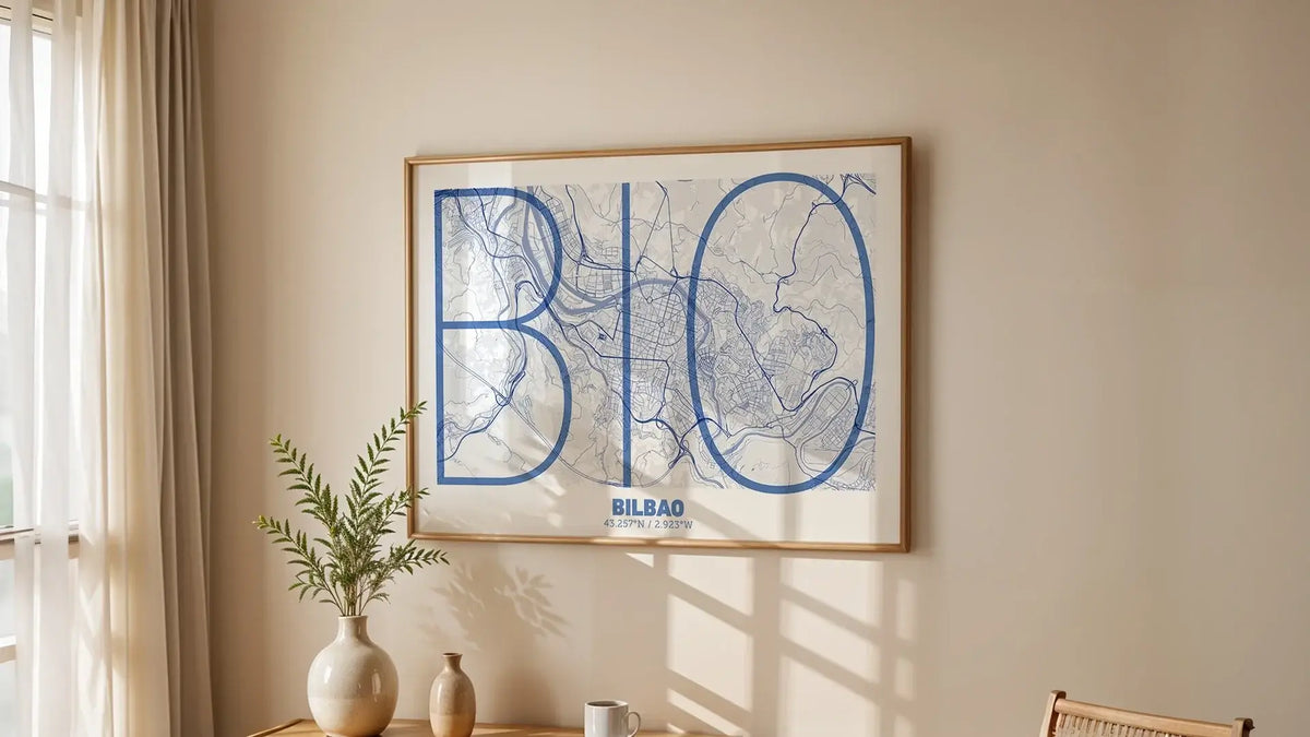 Composición de Bilbao estilo Mediterráneo: lámina decorativa de gran formato con diseño cartográfico de autor.