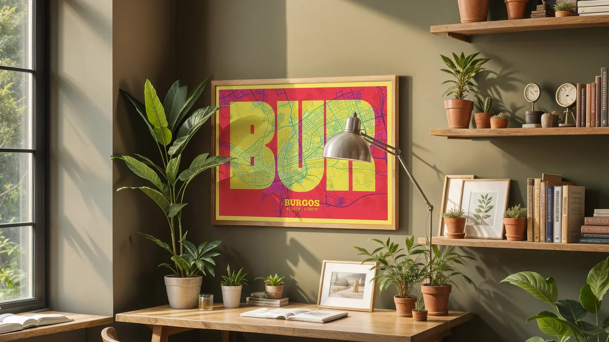 Lámina de Burgos estilo Miami: fusión de diseño tipográfico y cartografía técnica para interiores modernos.