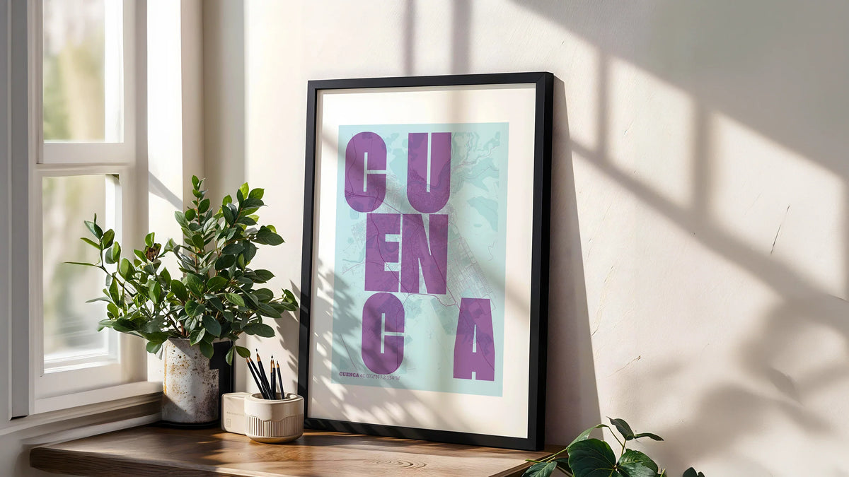 Diseño carto-tipográfico de Cuenca: lámina de autor que fusiona el territorio con estética Shabby.