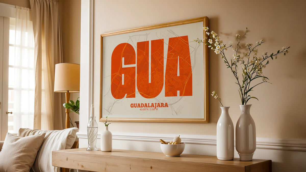 Diseño carto-tipográfico de Guadalajara: lámina decorativa estilo Tribal de gran formato.