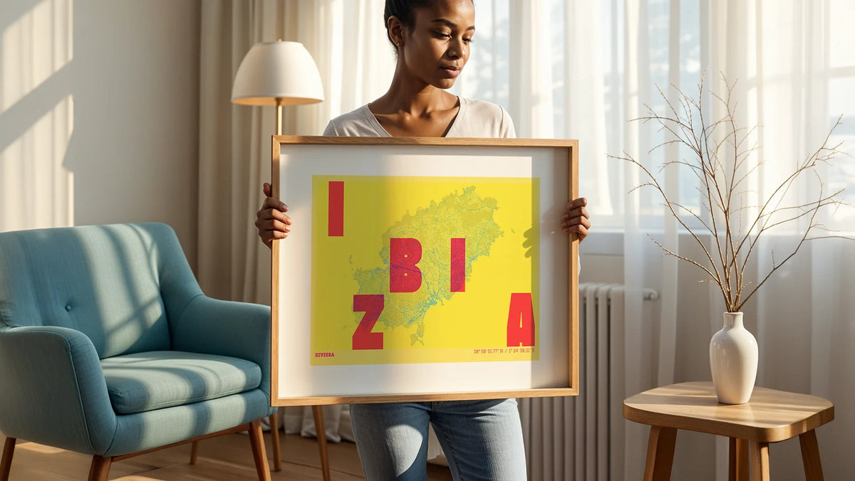 Diseño artístico de Ibiza: lámina estilo Miami ideal para interiores mediterráneos de lujo.