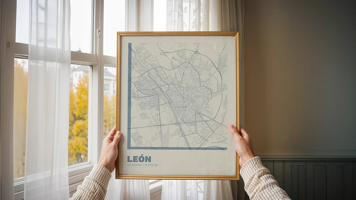 Diseño artístico de León: lámina estilo Seaside que fusiona cartografía y tipografía de autor.
