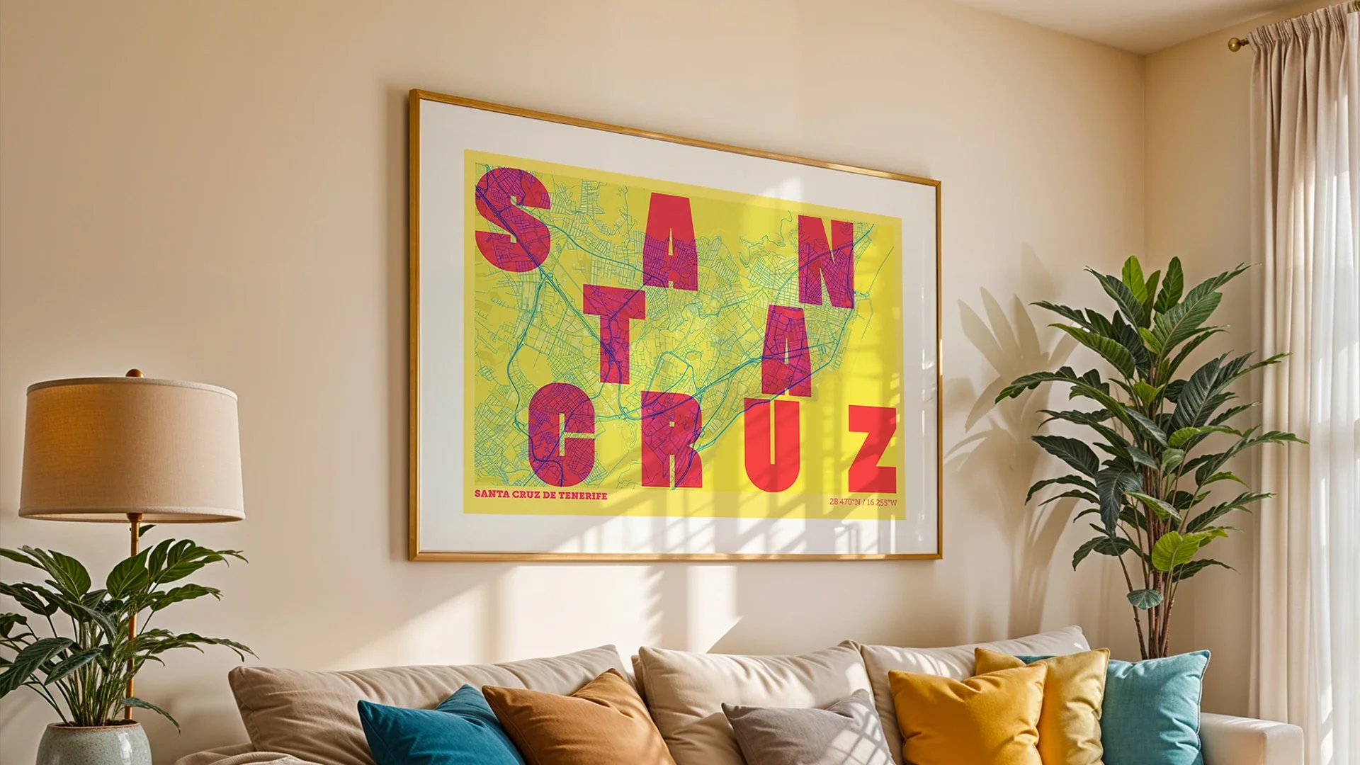Diseño artístico de Tenerife: lámina estilo Miami que integra la silueta de la isla con tipografía.