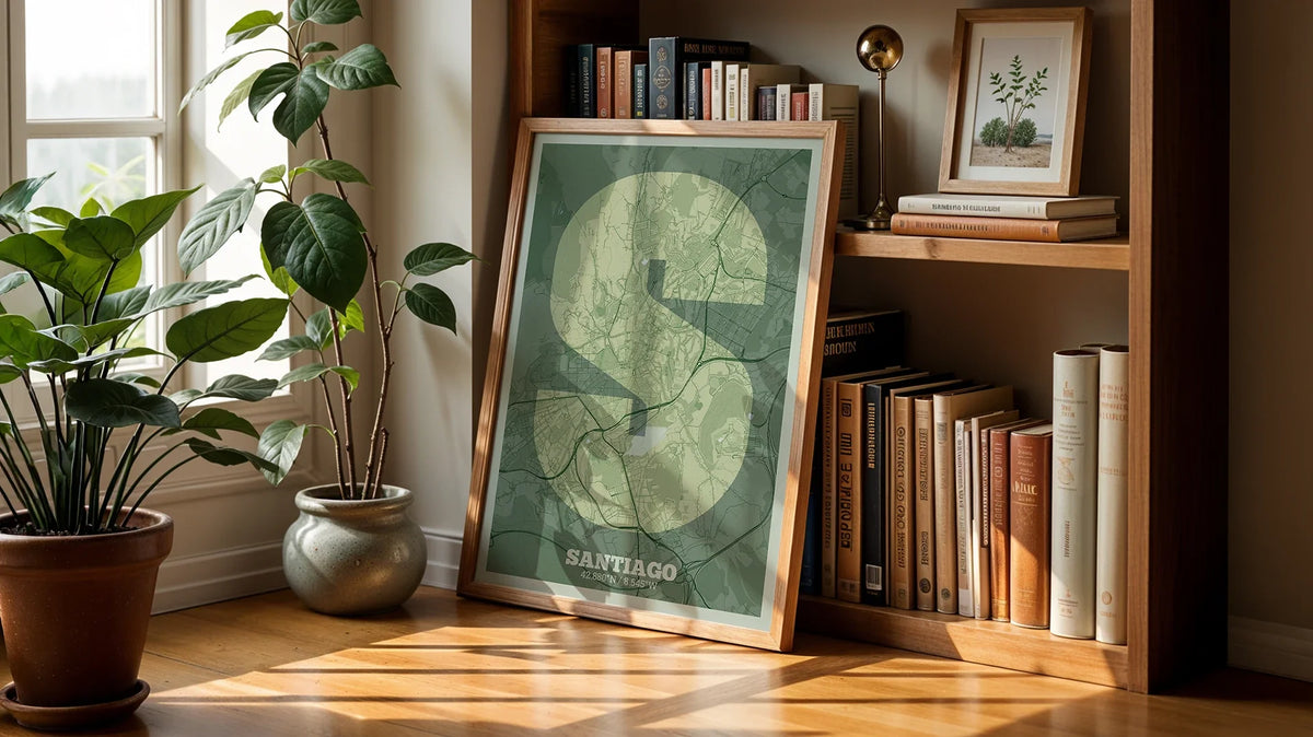 Diseño carto-tipográfico de Santiago: lámina estilo Kyoto inspirada en la ciudad milenaria.