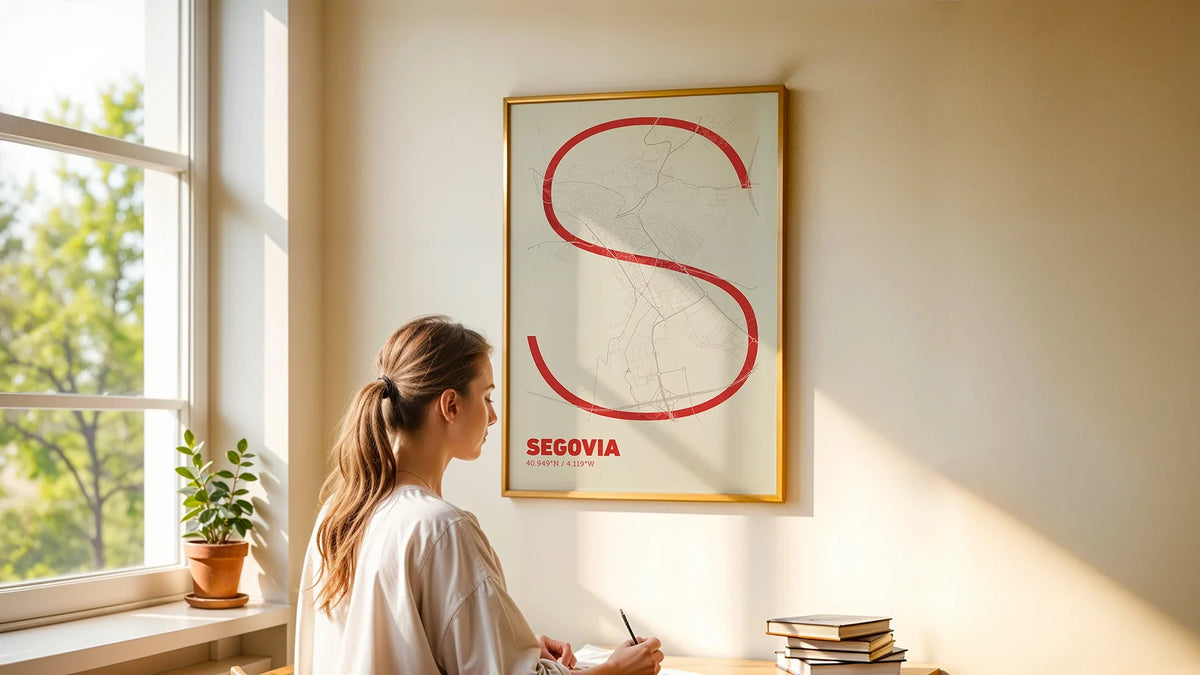 Obra de Segovia estilo Boho: fusión original de cartografía histórica y diseño contemporáneo.