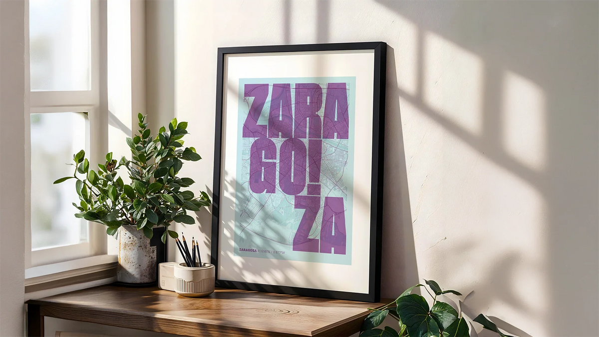 Diseño artístico de Zaragoza: lámina estilo Shabby que fusiona cartografía técnica y arte.