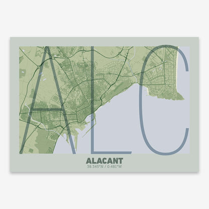 The map of Alacant composed with letters in extra light font printed on two green tones