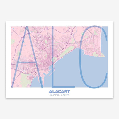 The map of Alacant composed with letters in extra light font printed on pink and light blue
