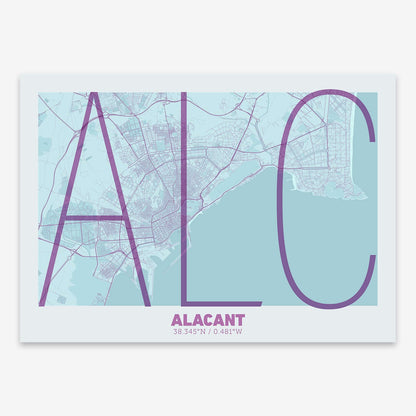 The map of Alacant composed with letters in extra light font printed on purple and light blue