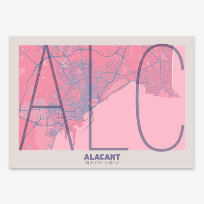 The map of Alacant composed with letters in extra light font printed on violet y pink background