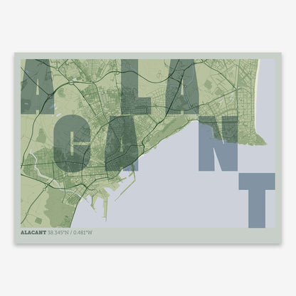 The map of Alacant with letters of its name placed randomly, designed in two green tones