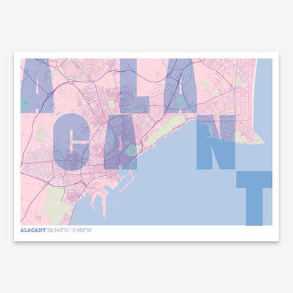 The map of Alacant with letters of its name placed randomly, designed in pink and light blue