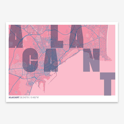 The map of Alacant with letters of its name placed randomly, designed in violet y pink background