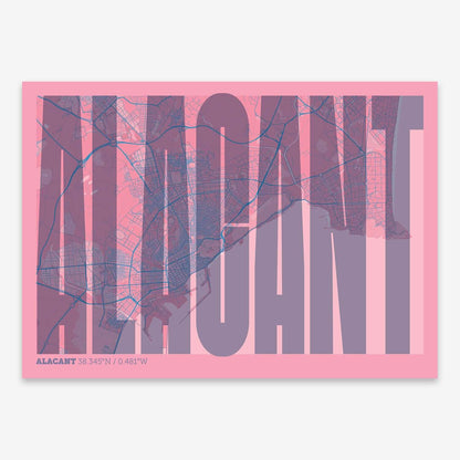 The map of Alacant and letters of its name in a giclée print designed in violet y pink background