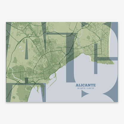 The map of Alicante composed with letters from its name or IATA code printed on two green tones