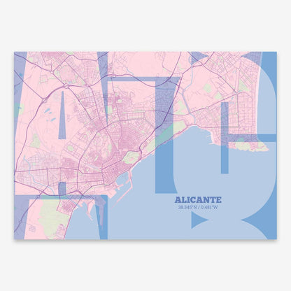 The map of Alicante composed with letters from its name or IATA code printed on pink and light blue