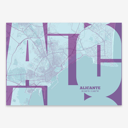 The map of Alicante composed with letters from its name or IATA code printed on purple and light blue