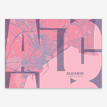 The map of Alicante composed with letters from its name or IATA code printed on violet y pink background
