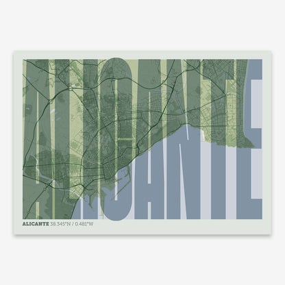 The map of Alicante and letters of its name in a giclée print designed in two green tones
