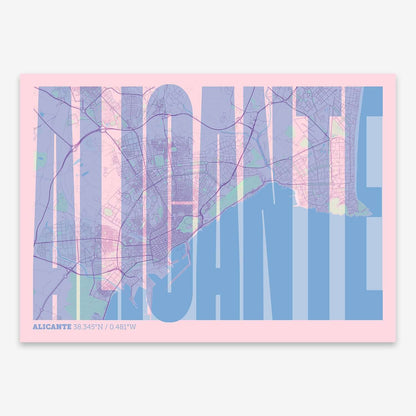 The map of Alicante and letters of its name in a giclée print designed in pink and light blue