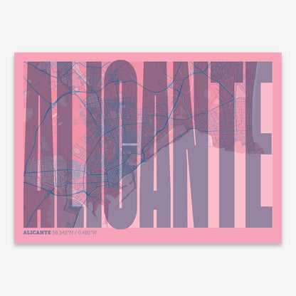 The map of Alicante and letters of its name in a giclée print designed in violet y pink background