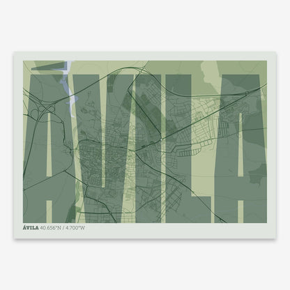 The map of Avila and letters of its name in a giclée print designed in two green tones