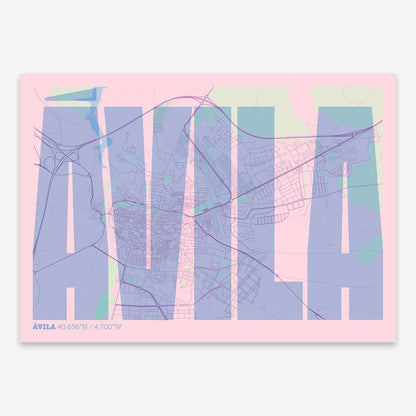 The map of Avila and letters of its name in a giclée print designed in pink and light blue