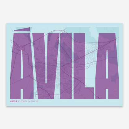 The map of Avila and letters of its name in a giclée print designed in purple and light blue