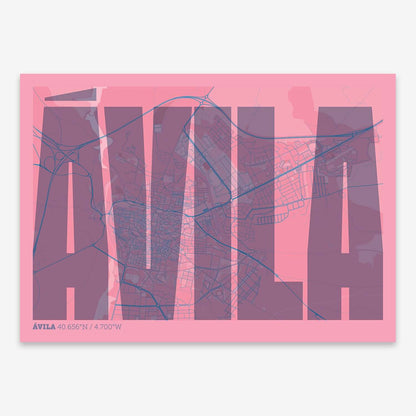 The map of Avila and letters of its name in a giclée print designed in violet y pink background