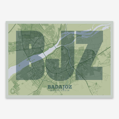 The map of Badajoz composed with letters in a heavy geometric font printed on two green tones