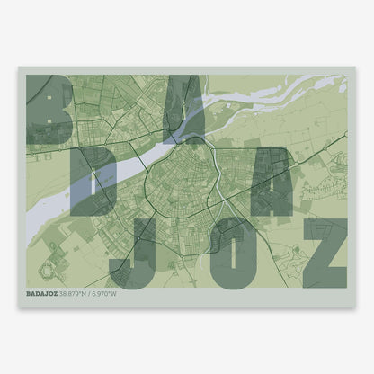 The map of Badajoz with letters of its name placed randomly, designed in two green tones