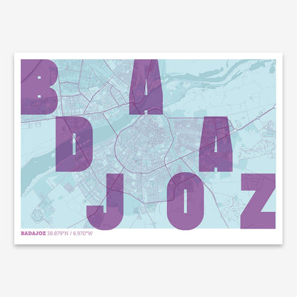 The map of Badajoz with letters of its name placed randomly, designed in purple and light blue