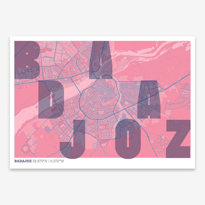 The map of Badajoz with letters of its name placed randomly, designed in violet y pink background