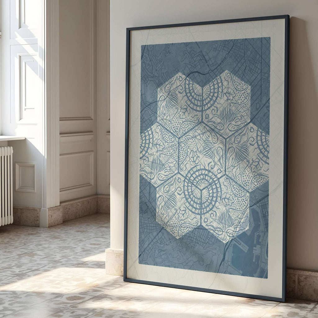 The map of L'Eixample, Barcelona, city map print designed in bluish gray and an off-white background