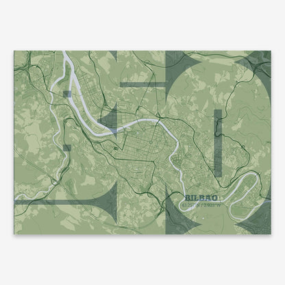 The map of Bilbao composed with letters from its name or IATA code printed on two green tones