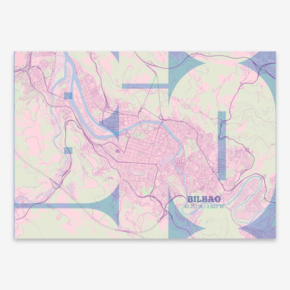The map of Bilbao composed with letters from its name or IATA code printed on pink and light blue