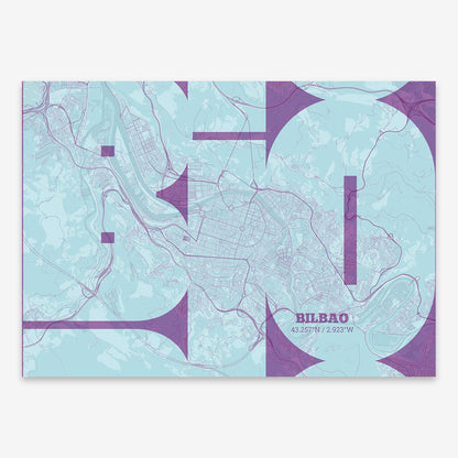 The map of Bilbao composed with letters from its name or IATA code printed on purple and light blue