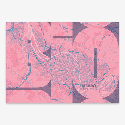The map of Bilbao composed with letters from its name or IATA code printed on violet y pink background
