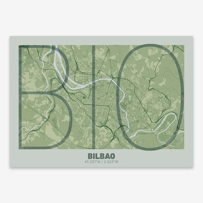 The map of Bilbao composed with letters in extra light font printed on two green tones