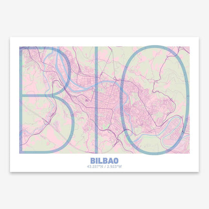 The map of Bilbao composed with letters in extra light font printed on pink and light blue