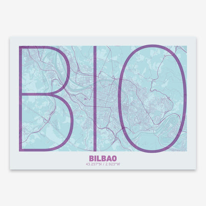 The map of Bilbao composed with letters in extra light font printed on purple and light blue