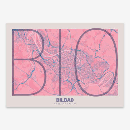 The map of Bilbao composed with letters in extra light font printed on violet y pink background